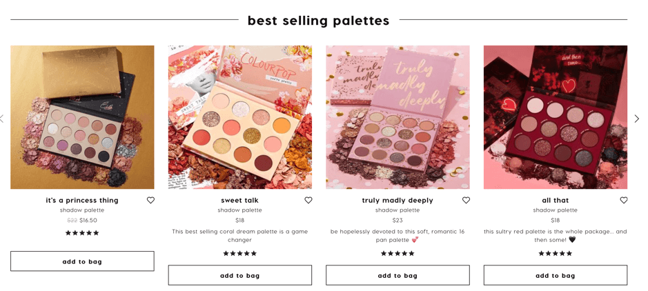 Colourpop products with image and price, reviews and add to cart option