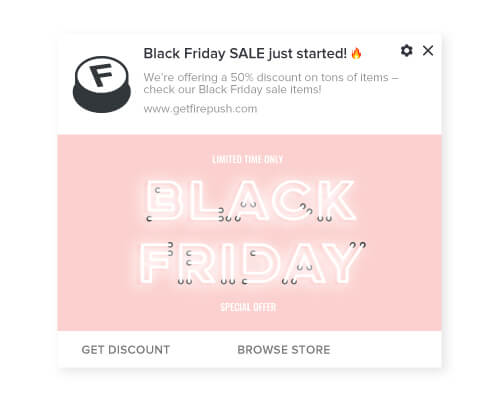 Firepush black friday web push notification with discount code example