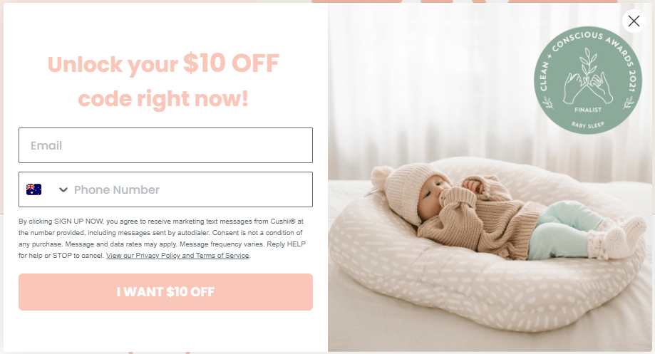 Cushii - Email and Phone number pop-up with a discount