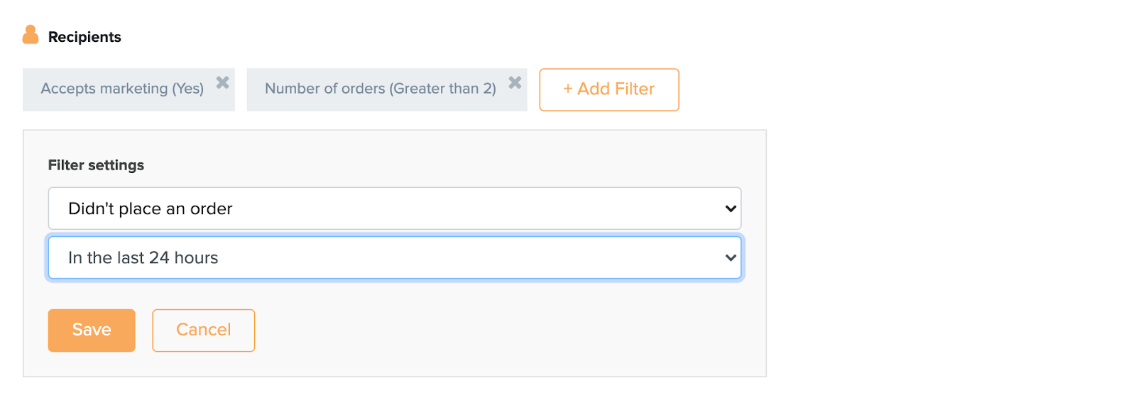 Firepush SMS channel campaign filter for customers which did not bought anything in the last 24 hours