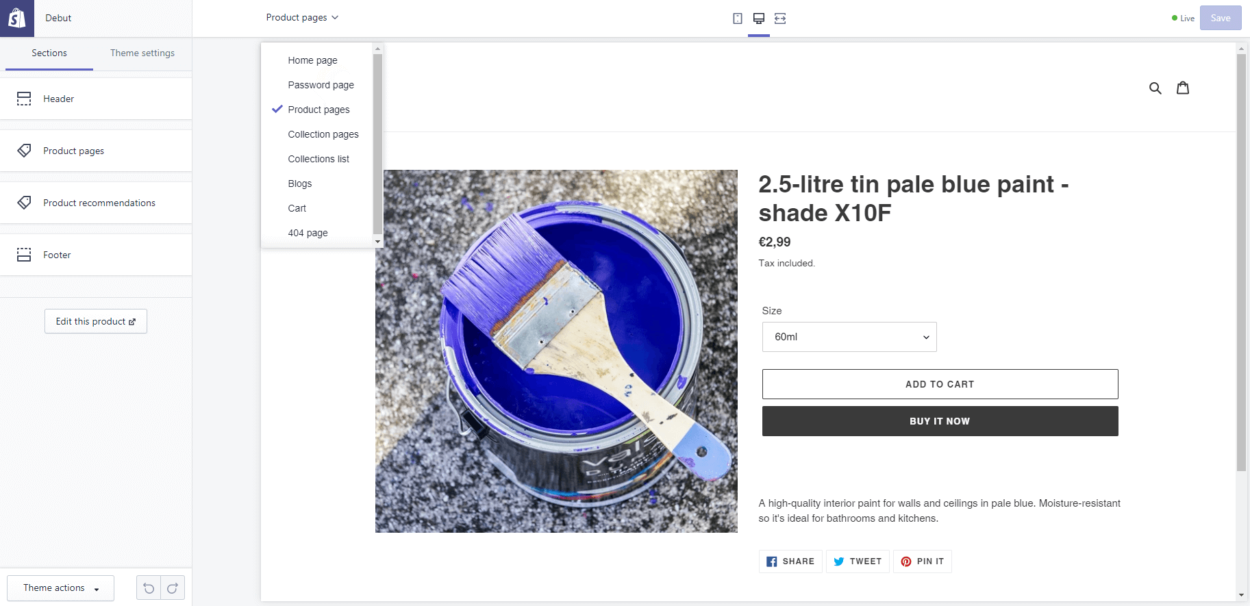 Product pages in debut theme