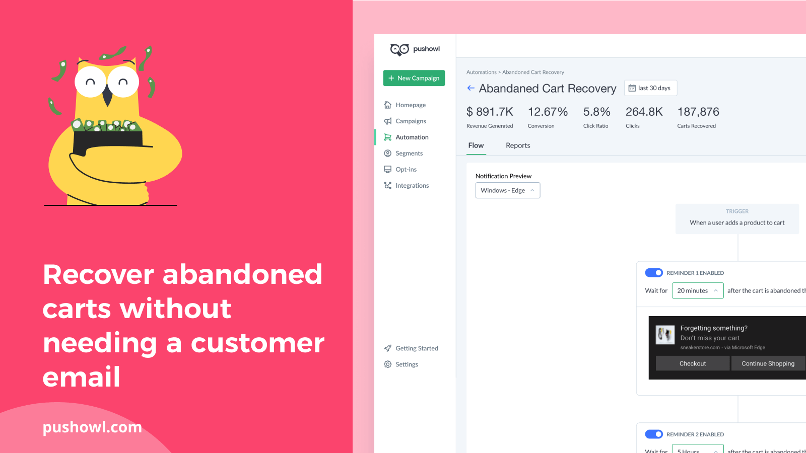 PushOwl offers push notifications for abandoned cart recovery