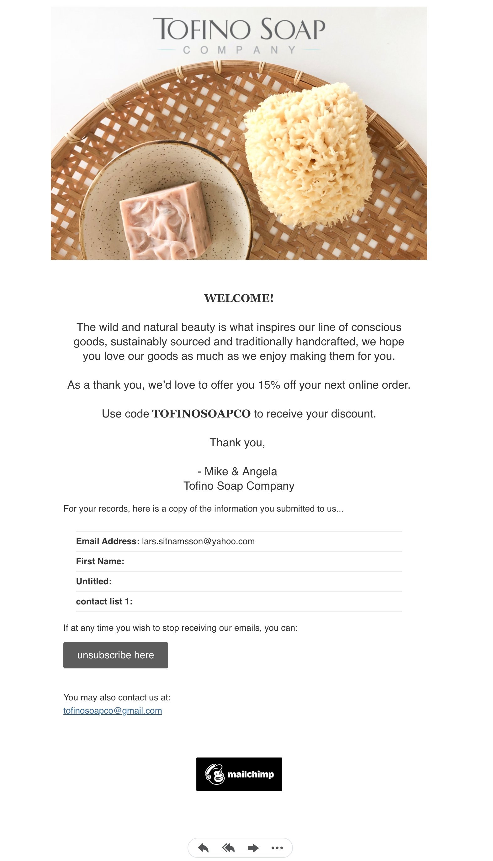 Tofino Soap Company welcome email