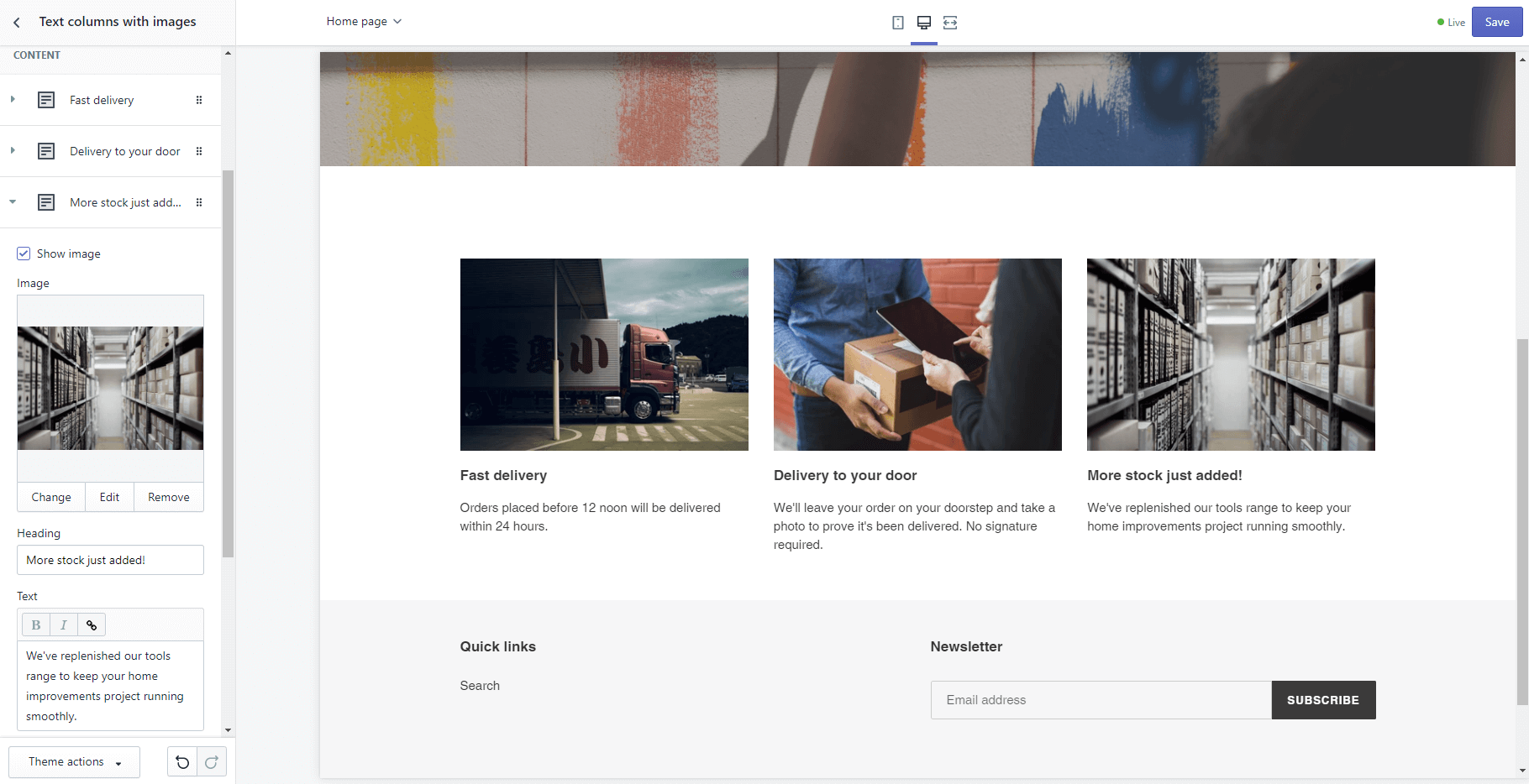 Homepage information for orders, delivery and product stock