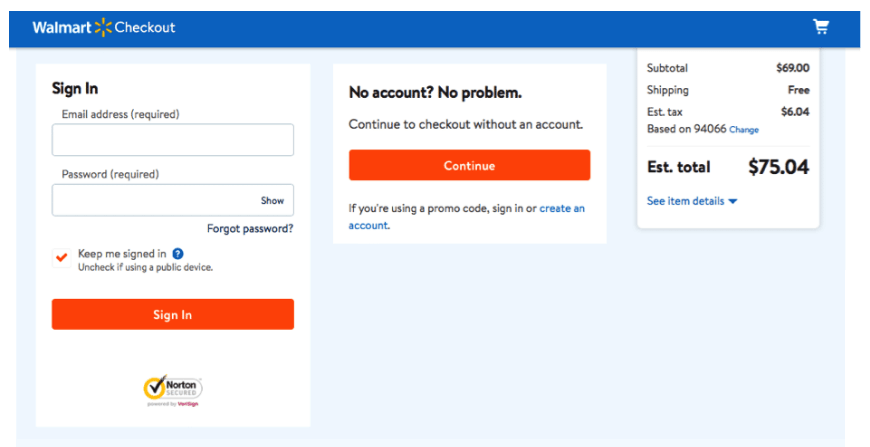 Wallmart checkout page. Customers can sign up or continue as guests to checkout their items