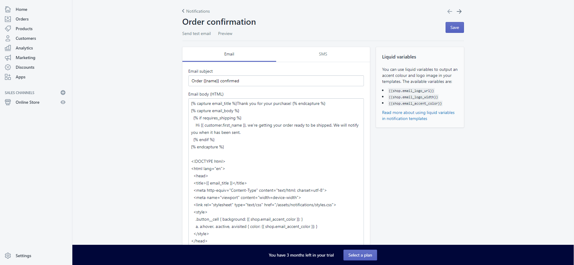 Order confirmation original Shopify text