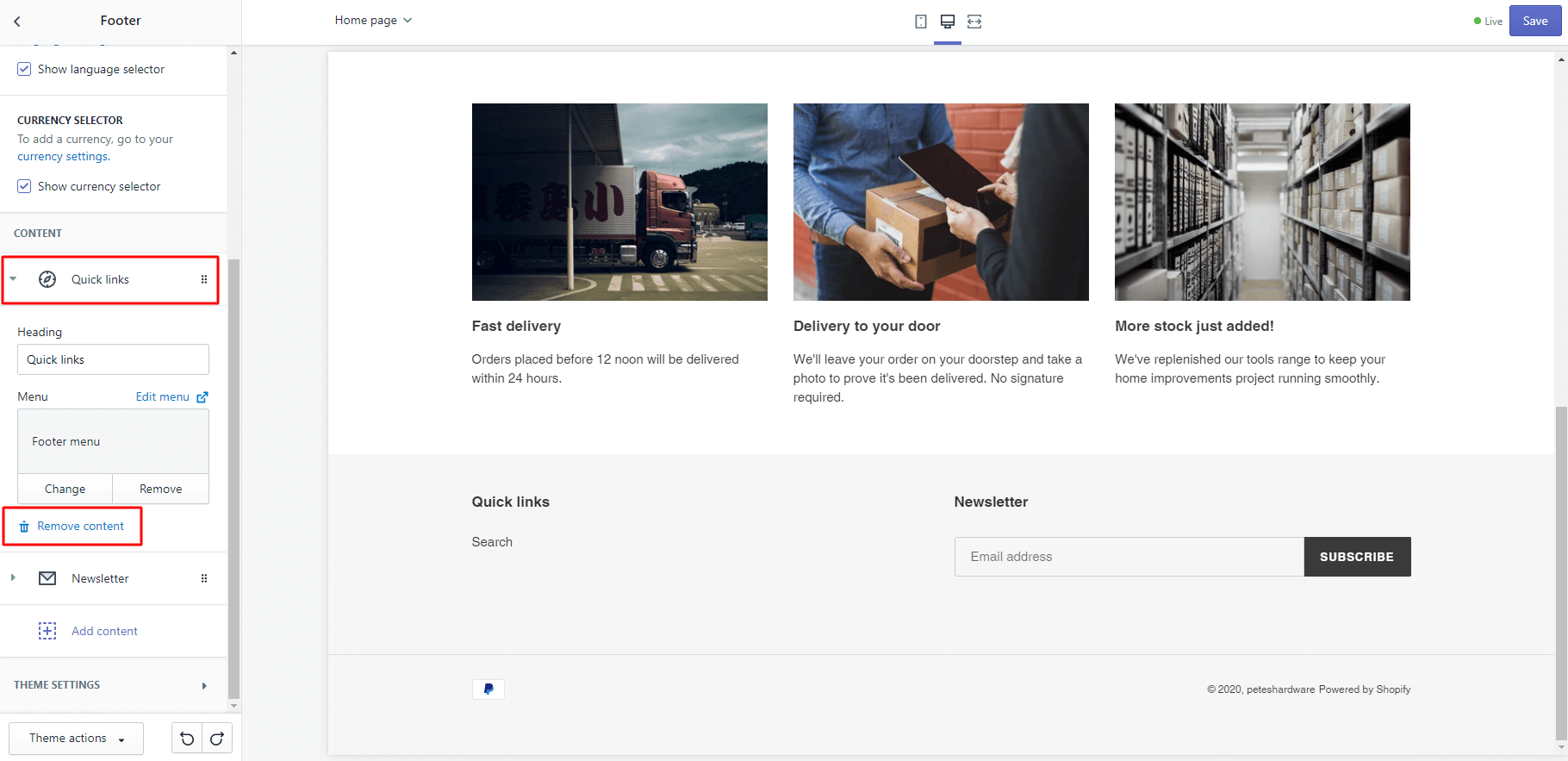 Removing footer and quicklinks from settings