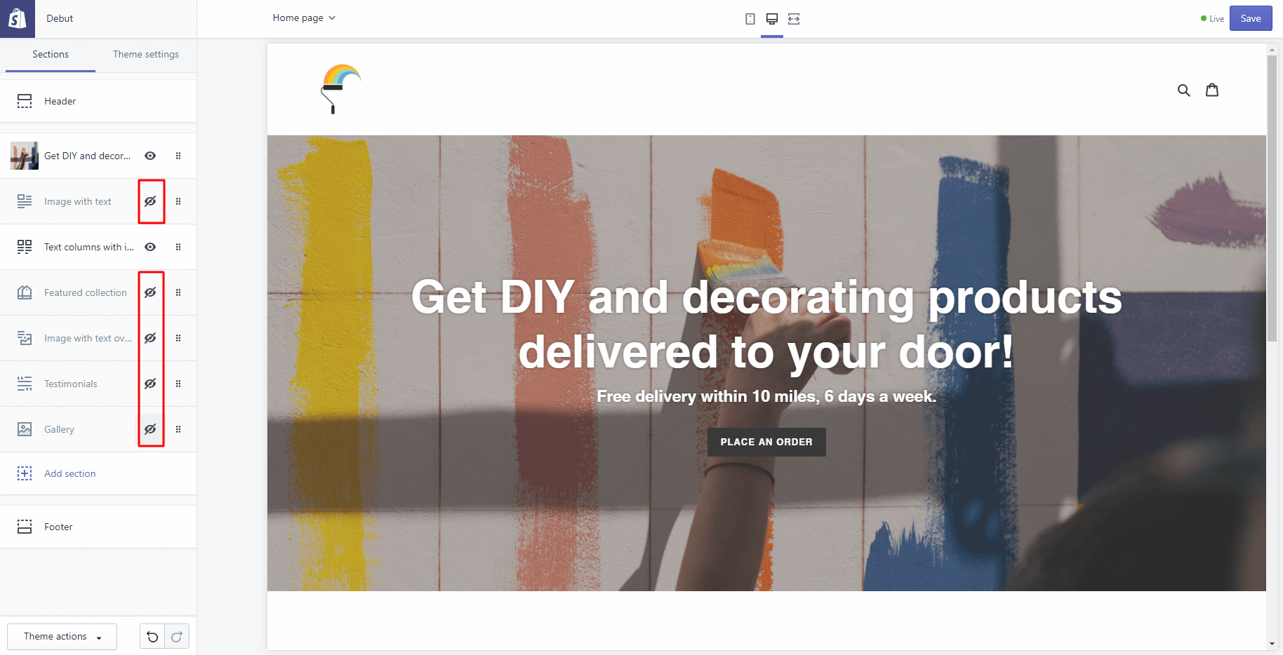 Removing collections, testimonials, products from homepage in Shopify debut theme
