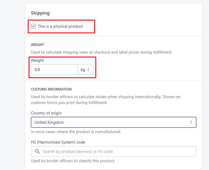 Product shipping and weight settings