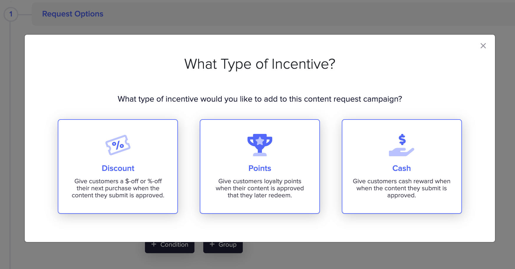 Different types of incentives a user can indicate with the Fera Shopify review app