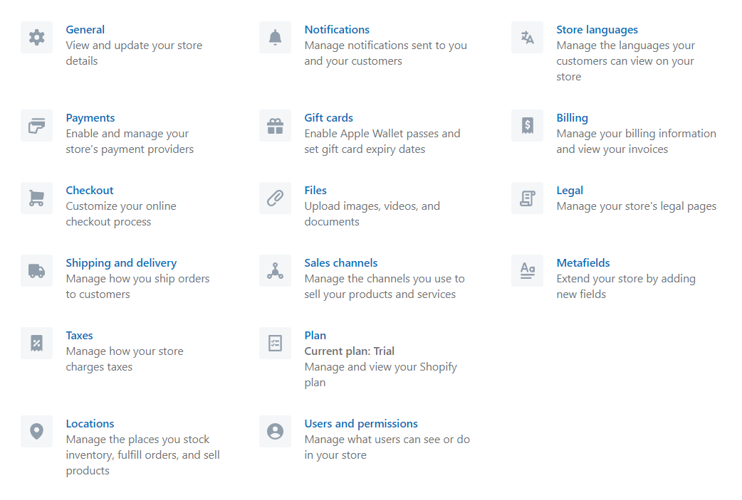 Shopify store settings page.