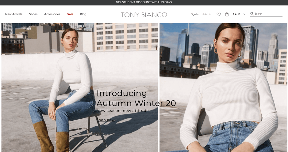 Tony Bianco store front for desktop devices