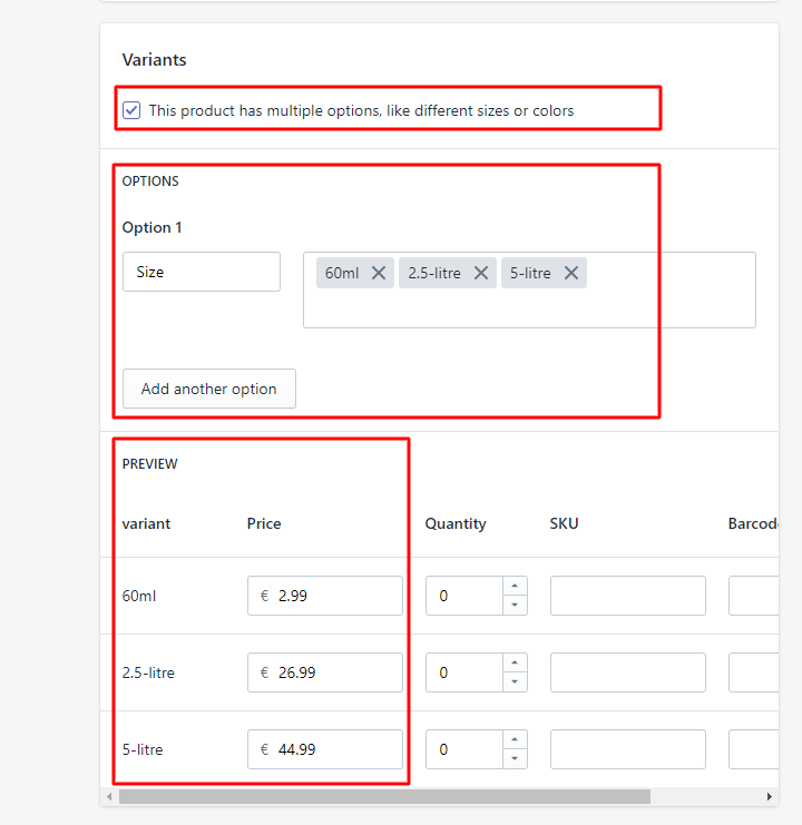 Product variants, prices and stock
